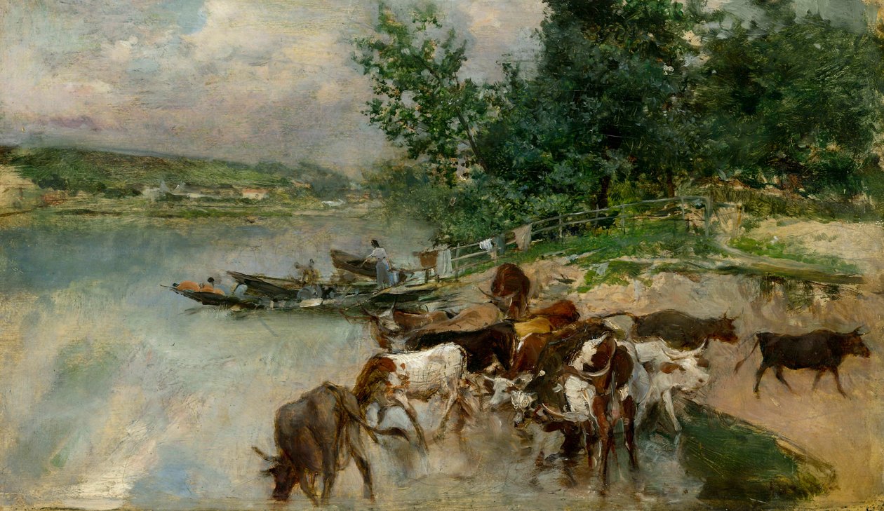 Beber no Sena, c.1874-75 (óleo sobre tábua) de Giovanni Boldini