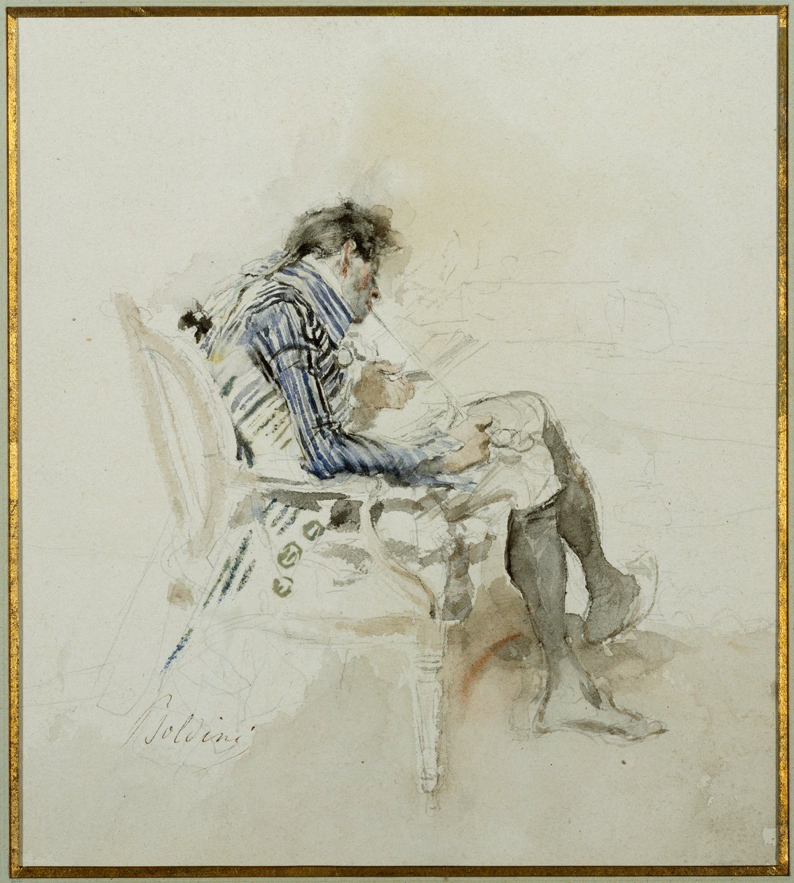 Cavalheiro sentado em uma poltrona lendo um livro e fumando um cachimbo de Giovanni Boldini