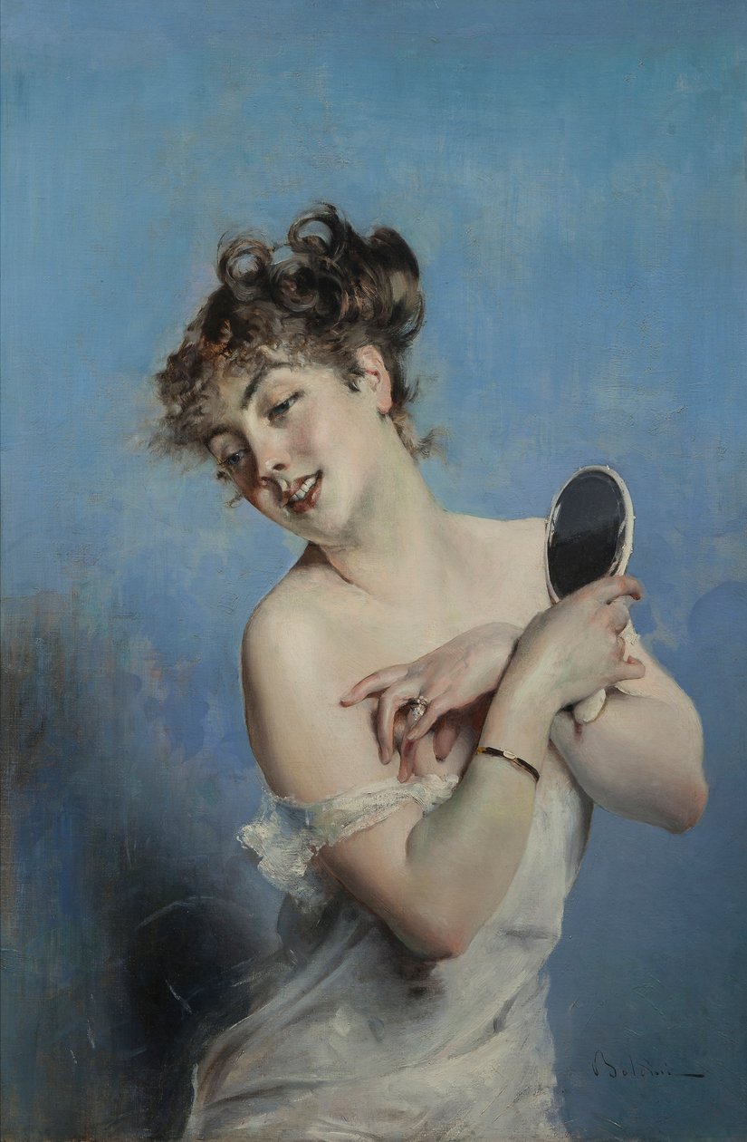 Giovane donna em déshabillé La toilette, c. 1880. de Giovanni Boldini