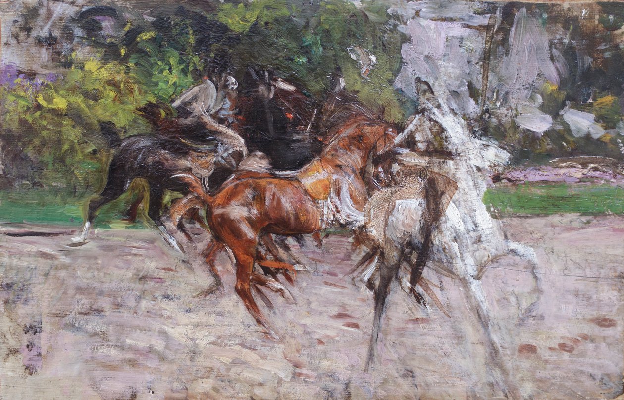 Cavalos no Bois de Boulogne, c.1885 (óleo sobre tábua) de Giovanni Boldini