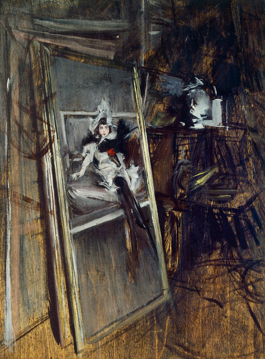 Dentro do estúdio da pintora com a pintura Young Girl, Errazuriz, de Giovanni Boldini (1842-1931) de Giovanni Boldini