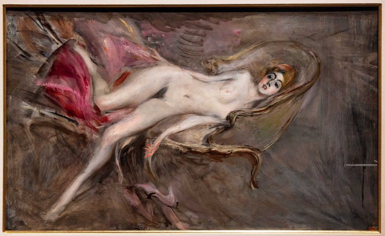 Mulher nua sobre almofadas cor-de-rosa de Giovanni Boldini