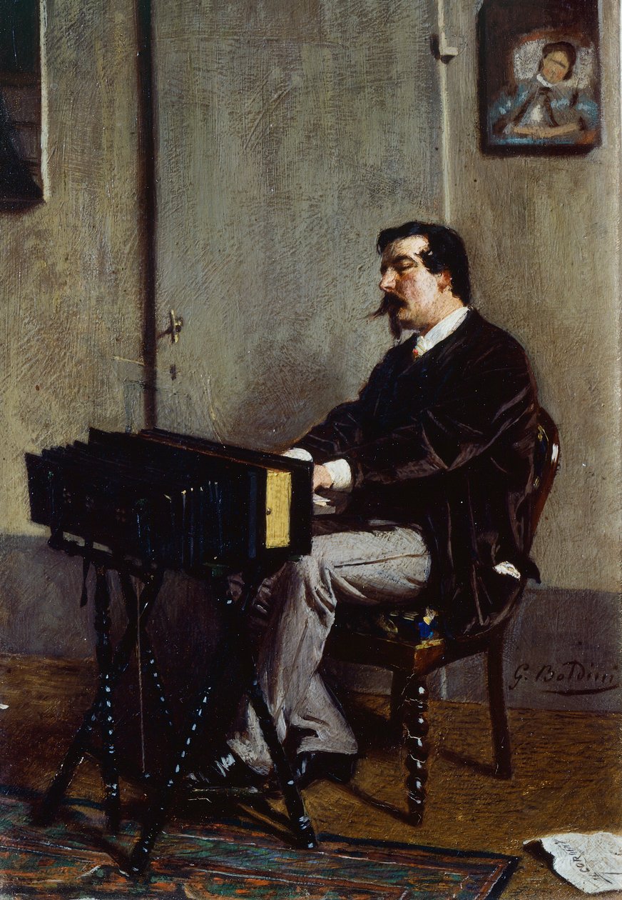 Pintor Cristiano Banti na Harmonium de Giovanni Boldini (1842-1931), óleo sobre tela, 28x19 cm de Giovanni Boldini