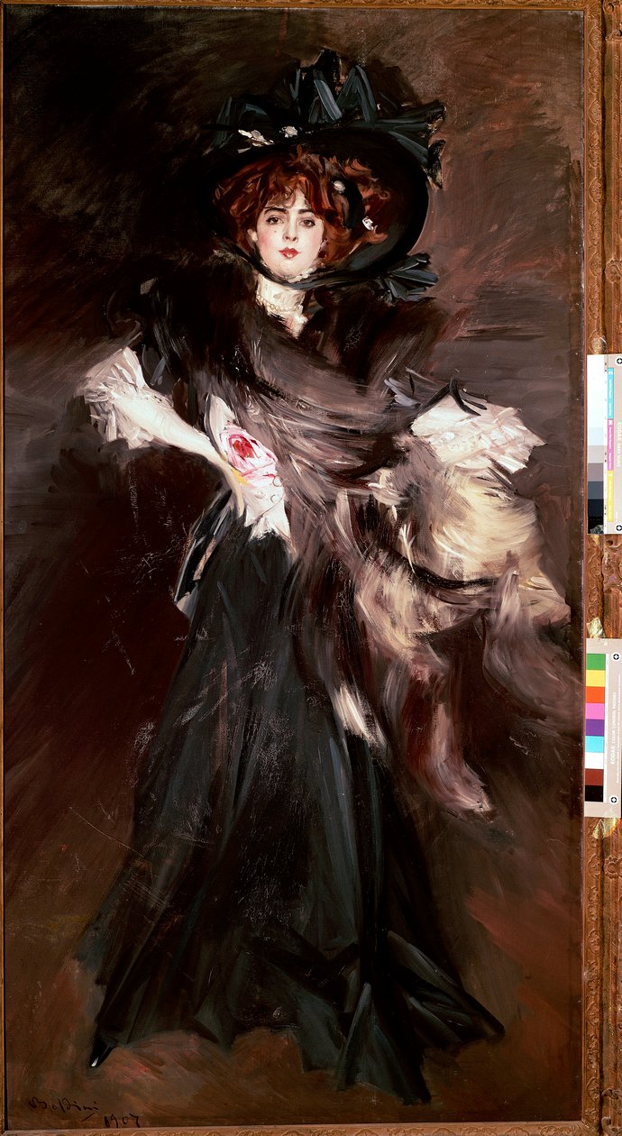 Retrato de Mademoiselle Lantelme Jovem mulher veste-se de moda negra Belle Epoque. Pintura de Giovanni Boldini (1842-1931) 1907 Sol. 227x118 cm Roma, Galleria Nazionale d