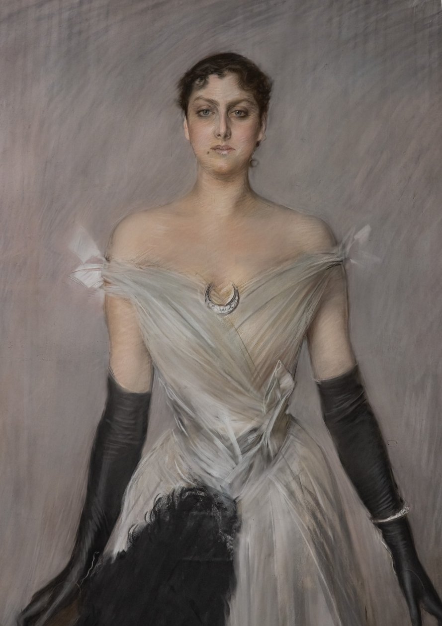 Retrato de uma senhora de branco com luvas e ventilador, detalhe de Giovanni Boldini