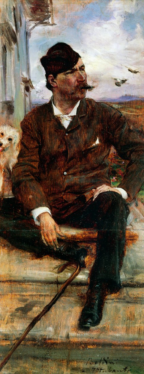 Retrato do pintor Cristiano Banti usando um chapéu de xadrez de Giovanni Boldini