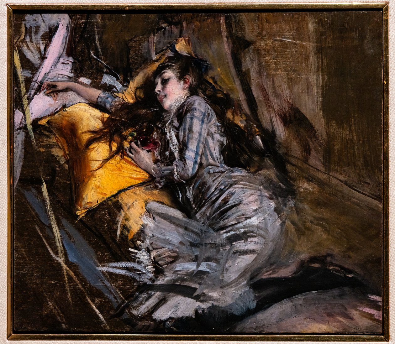 Rapariga Reclinada em Vestido Tartan de Giovanni Boldini