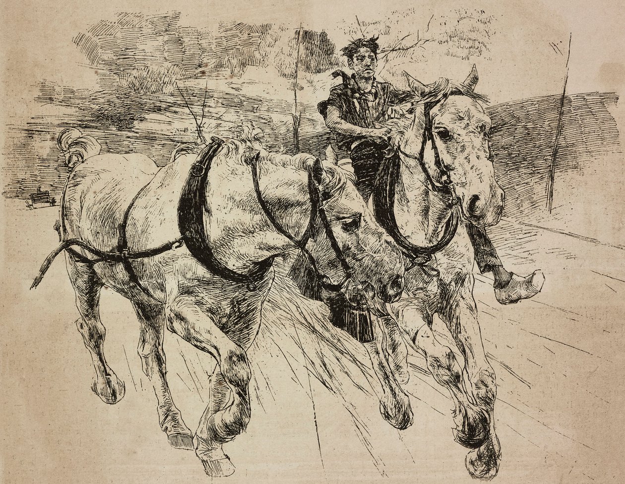 Cavalos de carruagem de reforço, gravura do desenho original de Giovanni Boldini, da sua pintura, de L