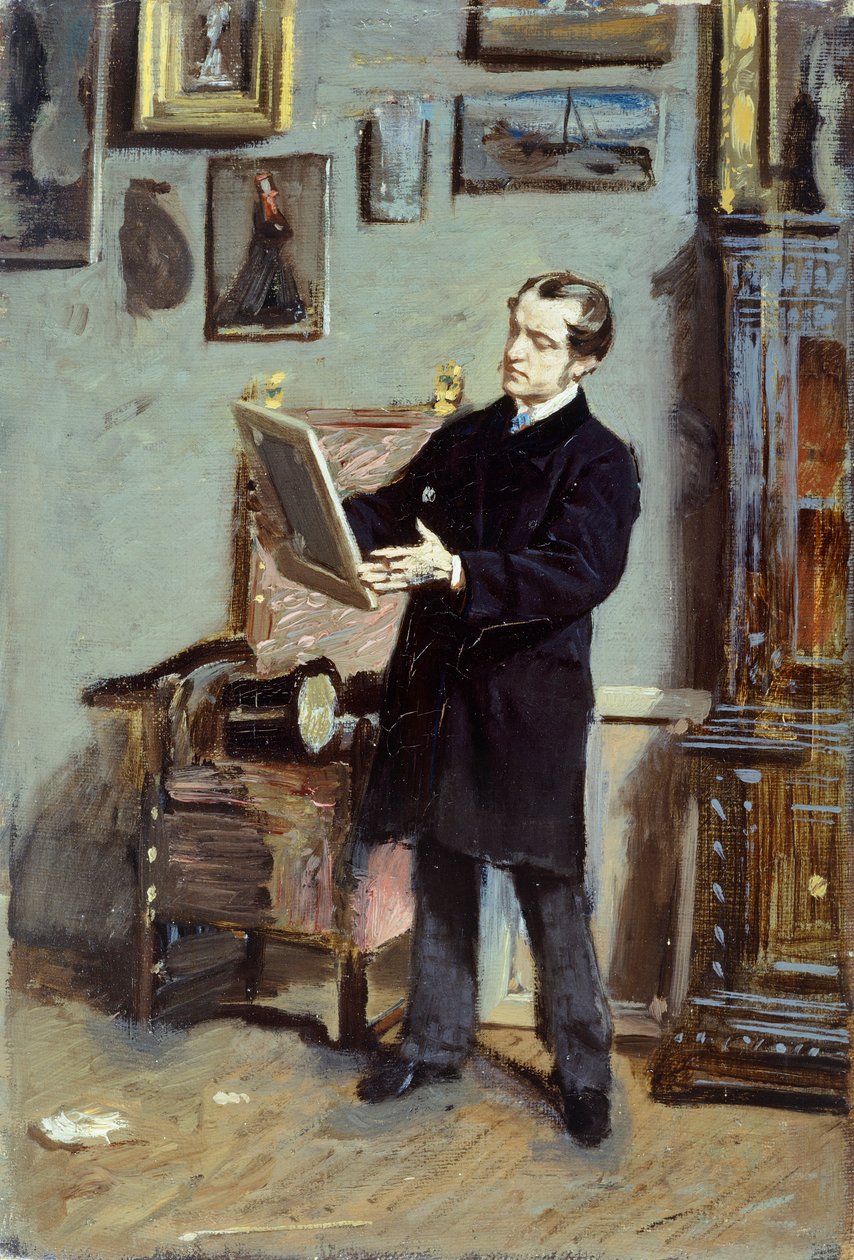 Auto-retrato de Giovanni Boldini olhando para uma foto, ca. 1865, de Giovanni Boldini (1842-1931), óleo sobre tela, 32x22,5 cm. de Giovanni Boldini