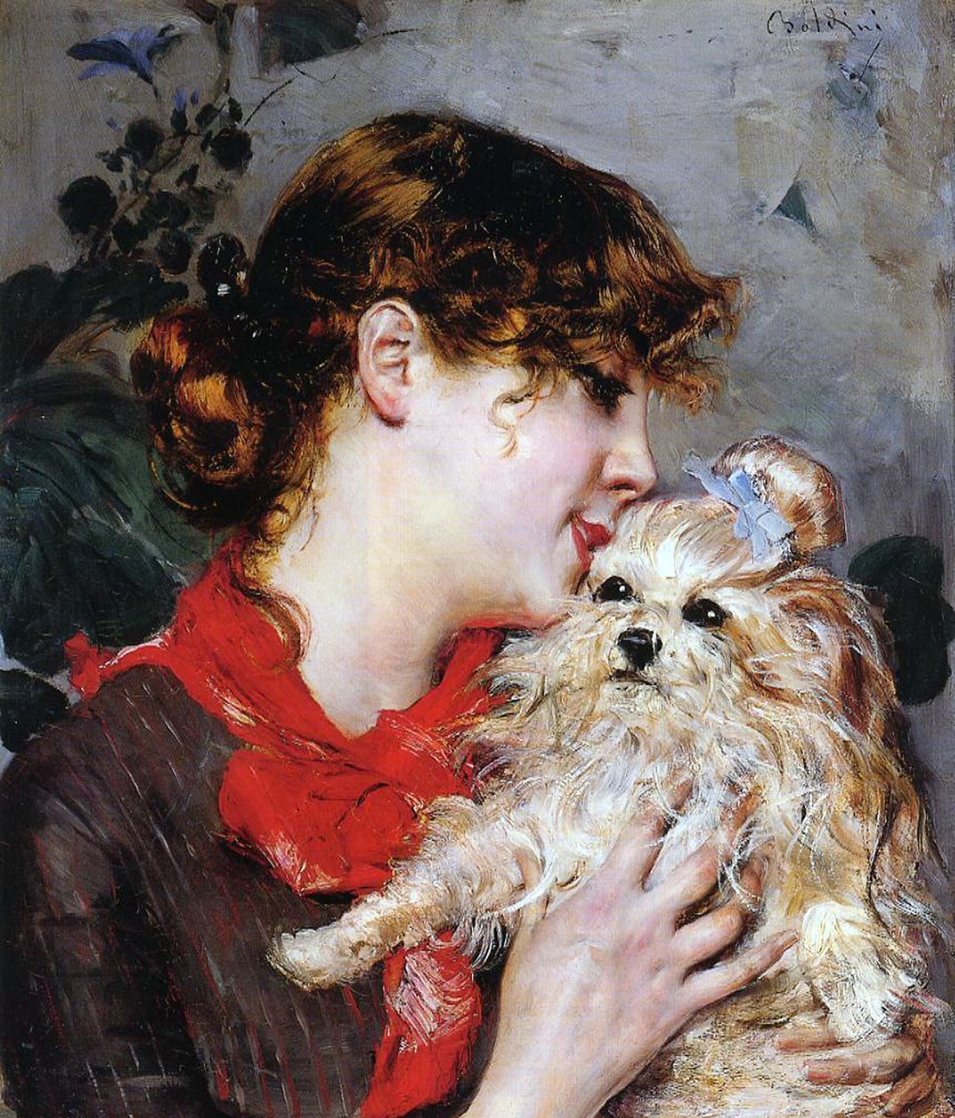 A atriz Rejane e seu cão, c.1885 (óleo sobre painel) de Giovanni Boldini