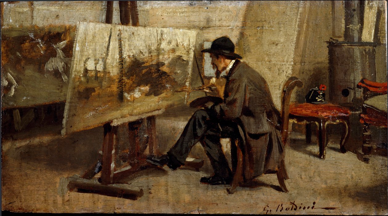 O pintor Giovanni Fattori na sua oficina Pintura atribuída a Giovanni Boldini (1842-1931) 1863-1869 Sol. 13x24 cm colecção privada de Milão de Giovanni Boldini