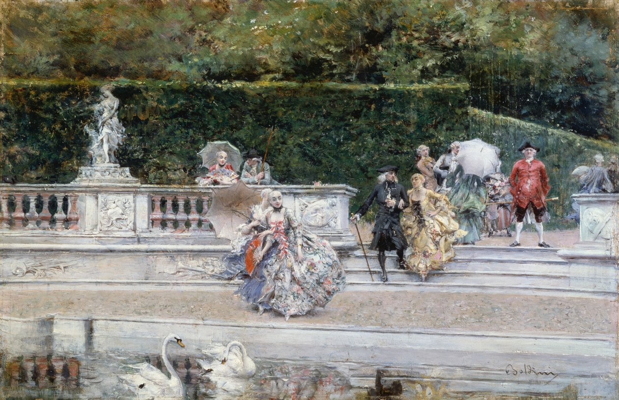 Vista do jardim de Versalhes com pessoas vestidas com roupas do século XVIII, de Giovanni Boldini (1842-1931), óleo sobre painel de Giovanni Boldini