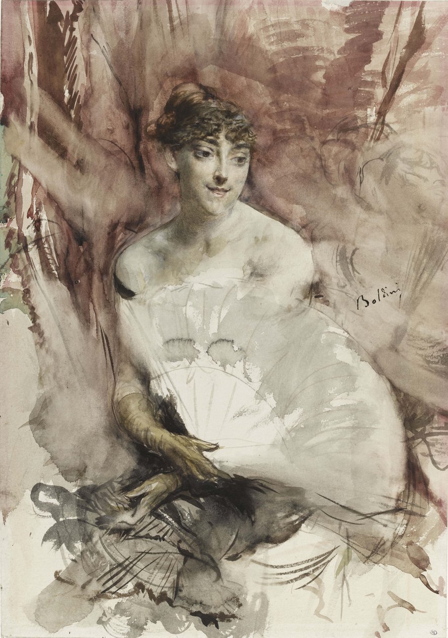 Mulher com ventilador sentado em uma caixa de teatro Condessa de Rasti, ca 1878 de Giovanni Boldini