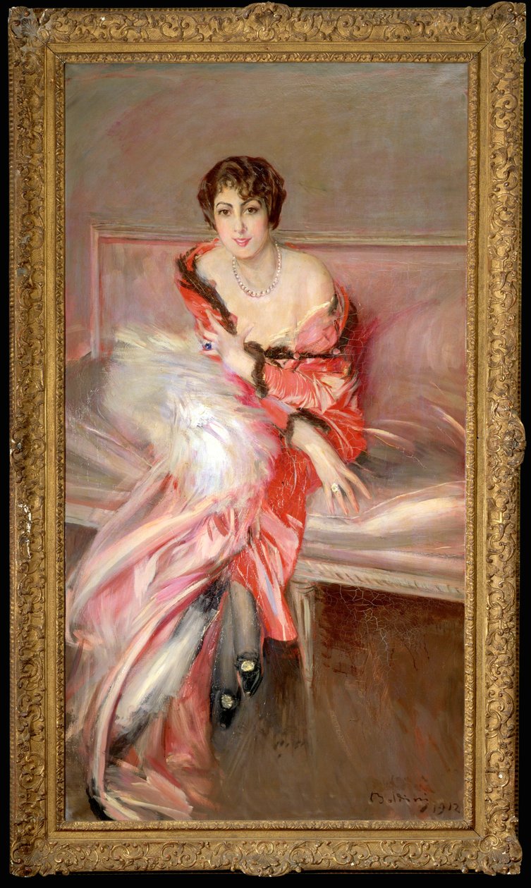 Mulher jovem de cor-de-rosa no atelier do pintor ... (pintura sobre tela) de Giovanni Boldini
