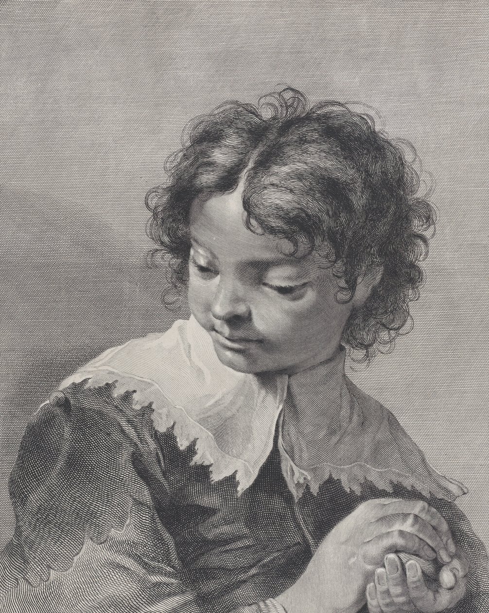 Menino com gola de renda segurando um pedaço de fruta nas mãos, 1743. de Giovanni Cattini