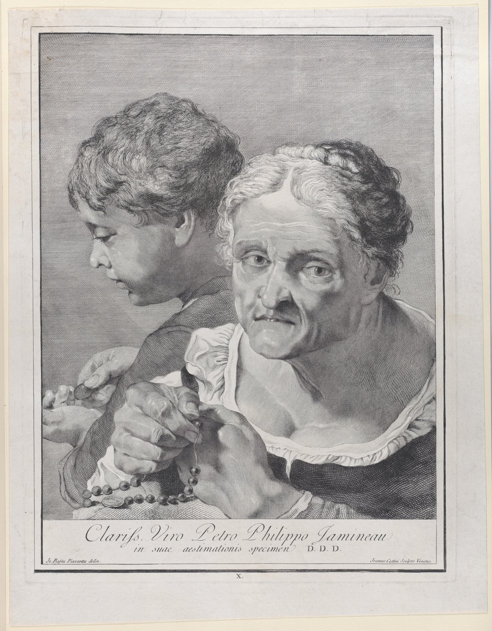 Velha com um rosário e um menino contando moedas, 1743. de Giovanni Cattini
