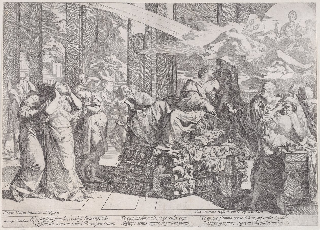 O suicídio de Dido que se reclina em uma pira no centro, cercado por muitas figuras, 1650-55. de Giovanni Cesare Testa