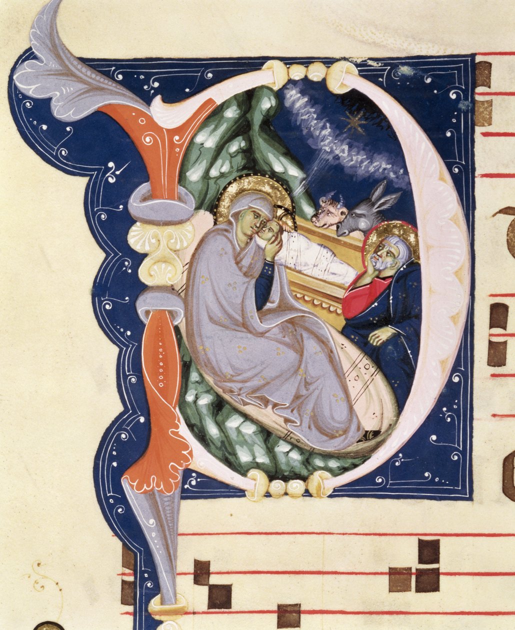 Ms 561 f.31v Historiated inicial &39;D&39; representando a Natividade, de um gradual do Mosteiro de San Jacopo di Ripoli, início do século XIV de Giovanni Cimabue
