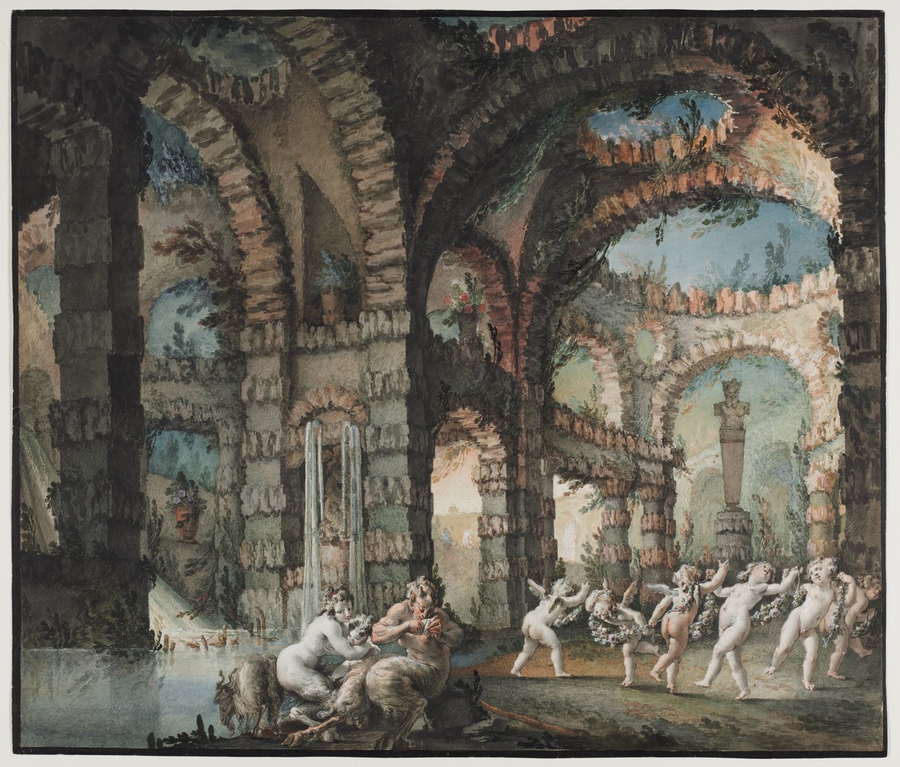 Família de Sátiros com Querubins Dançantes, c. 1775-76 (aguarela e pincelada com grafite e guache) de Giovanni David