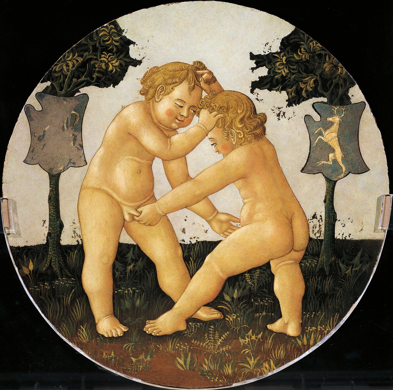 Putti brincando, detalhe do fundo da bandeja de nascimento (pintura redonda), cerca de 1450, de Giovanni di Ser Giovanni, conhecido como Lo Scheggia (1406-1486), tempera sobre madeira de Giovanni Di Ser Giovanni Lo Scheggia Guidi