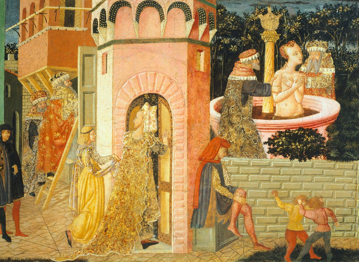 Histórias de Susanne, cerca de 1450, lado direito do peito pintado por Giovanni di Ser Giovanni, conhecido como Lo Scheggia (1406-1486), tempera no painel, Detalhe de Giovanni Di Ser Giovanni Lo Scheggia Guidi