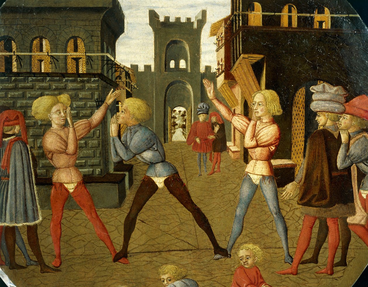 jogo chamado civettino, detalhe da frente da bandeja de nascimento (pintura redonda), cerca de 1450, de Giovanni di Ser Giovanni, conhecido como Lo Scheggia (1406-1486), tempera sobre madeira de Giovanni Di Ser Giovanni Lo Scheggia Guidi
