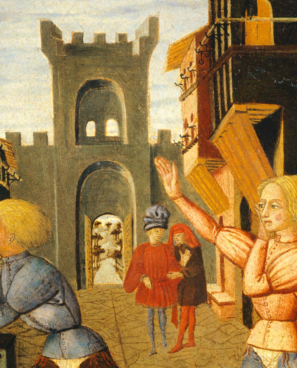 jogo chamado civettino, detalhe do lado direito da bandeja de nascimento (pintura redonda), por volta de 1450, de Giovanni di Ser Giovanni, conhecido como Lo Scheggia (1406-1486), tempera no painel de Giovanni Di Ser Giovanni Lo Scheggia Guidi