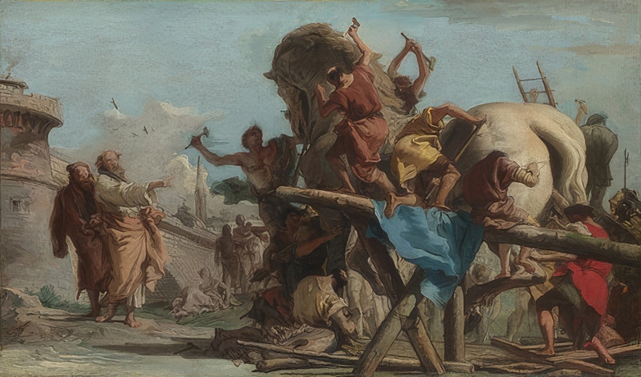 Construção do cavalo de Tróia. Por volta de 1760 de Giovanni Domenico Tiepolo