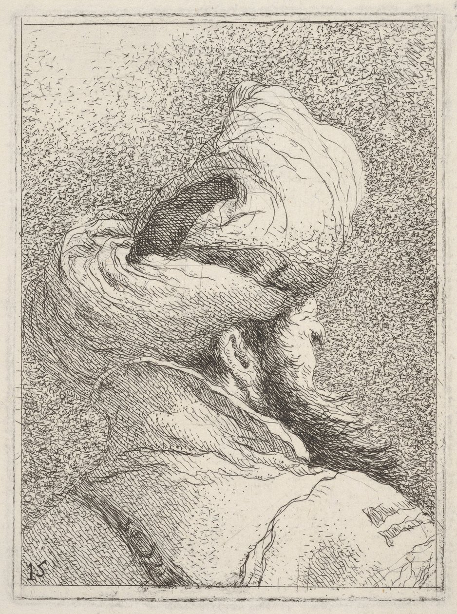 Homem barbudo com turbante, representado em busto de costas em vista de três quartos, da "Colecção de cabeças" (Raccolta di teste) de Giovanni Domenico Tiepolo