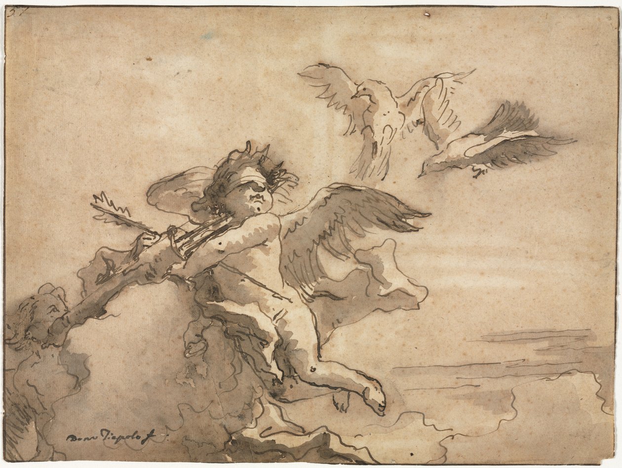 Cupido de olhos vendados e duas pombas de Giovanni Domenico Tiepolo