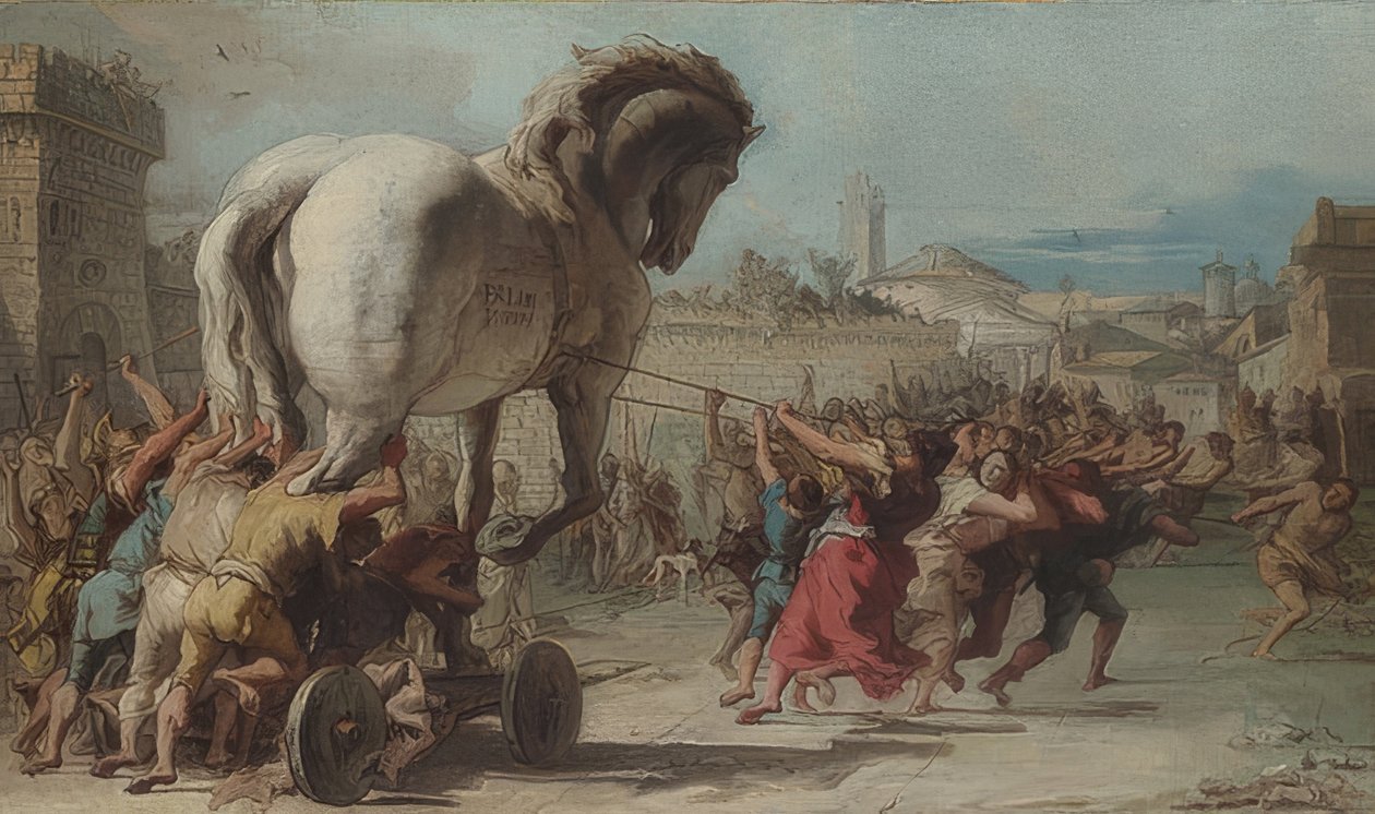 A procissão do cavalo de Tróia para Tróia. Por volta de 1760 de Giovanni Domenico Tiepolo