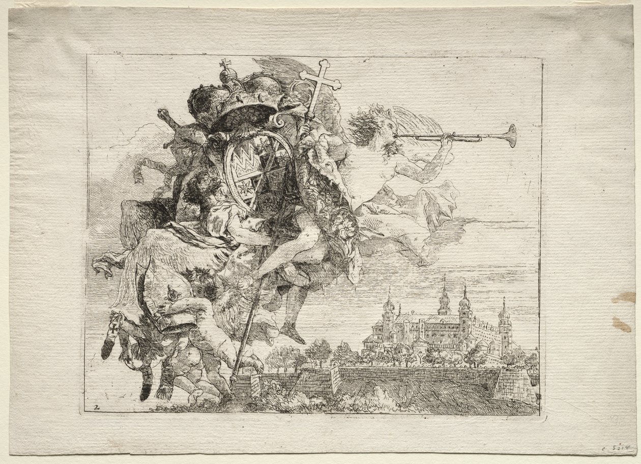Fuga para o Egito: Dedicação com figura alada da fama com as armas do príncipe-bispo de Wurzburg de Giovanni Domenico Tiepolo