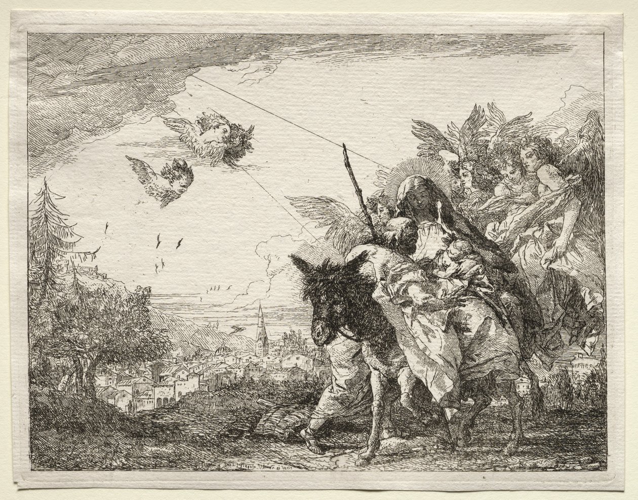 Fuga para o Egito: Joseph parando para contemplar o Menino Jesus de Giovanni Domenico Tiepolo