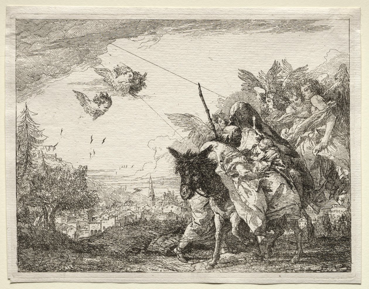 Fuga para o Egito: José fazendo uma pausa para contemplar o Cristo Infantil. de Giovanni Domenico Tiepolo