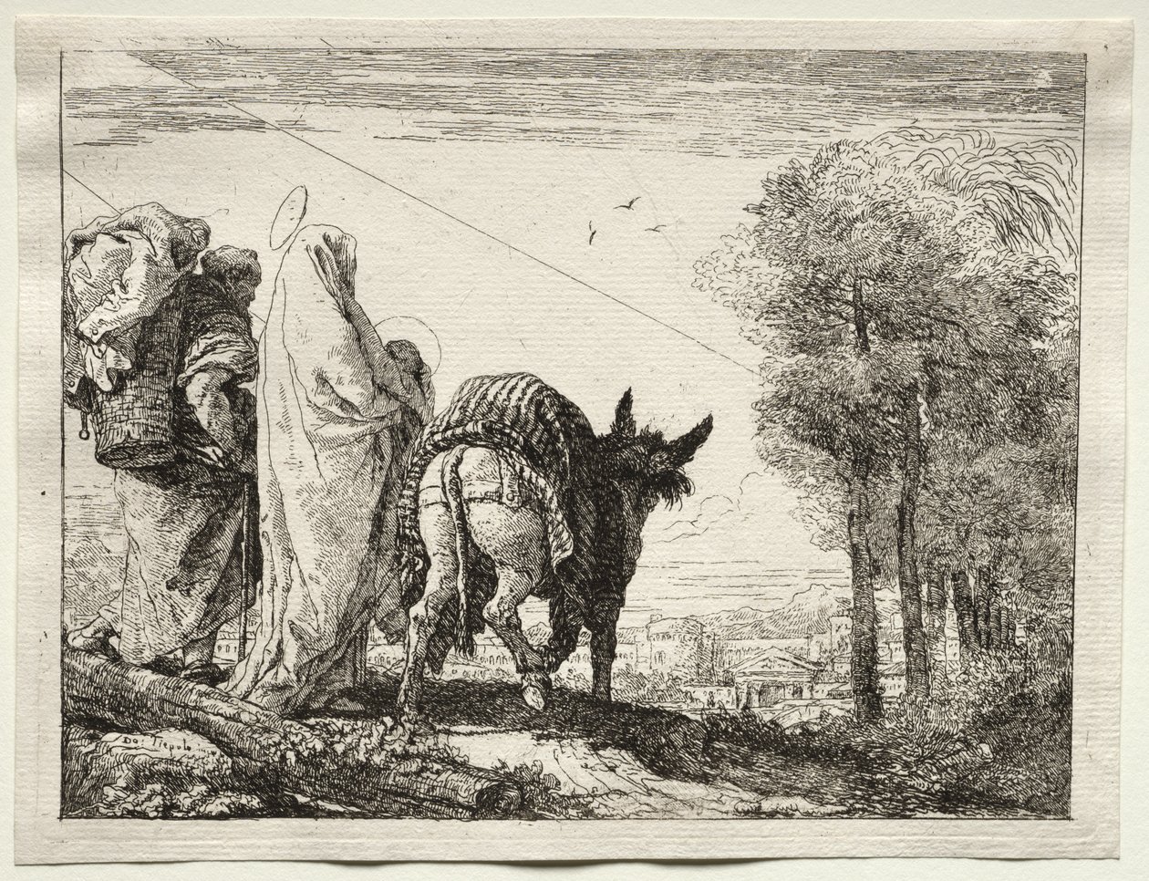 Fuga para o Egito: A Sagrada Família se aproximando de uma vila de Giovanni Domenico Tiepolo