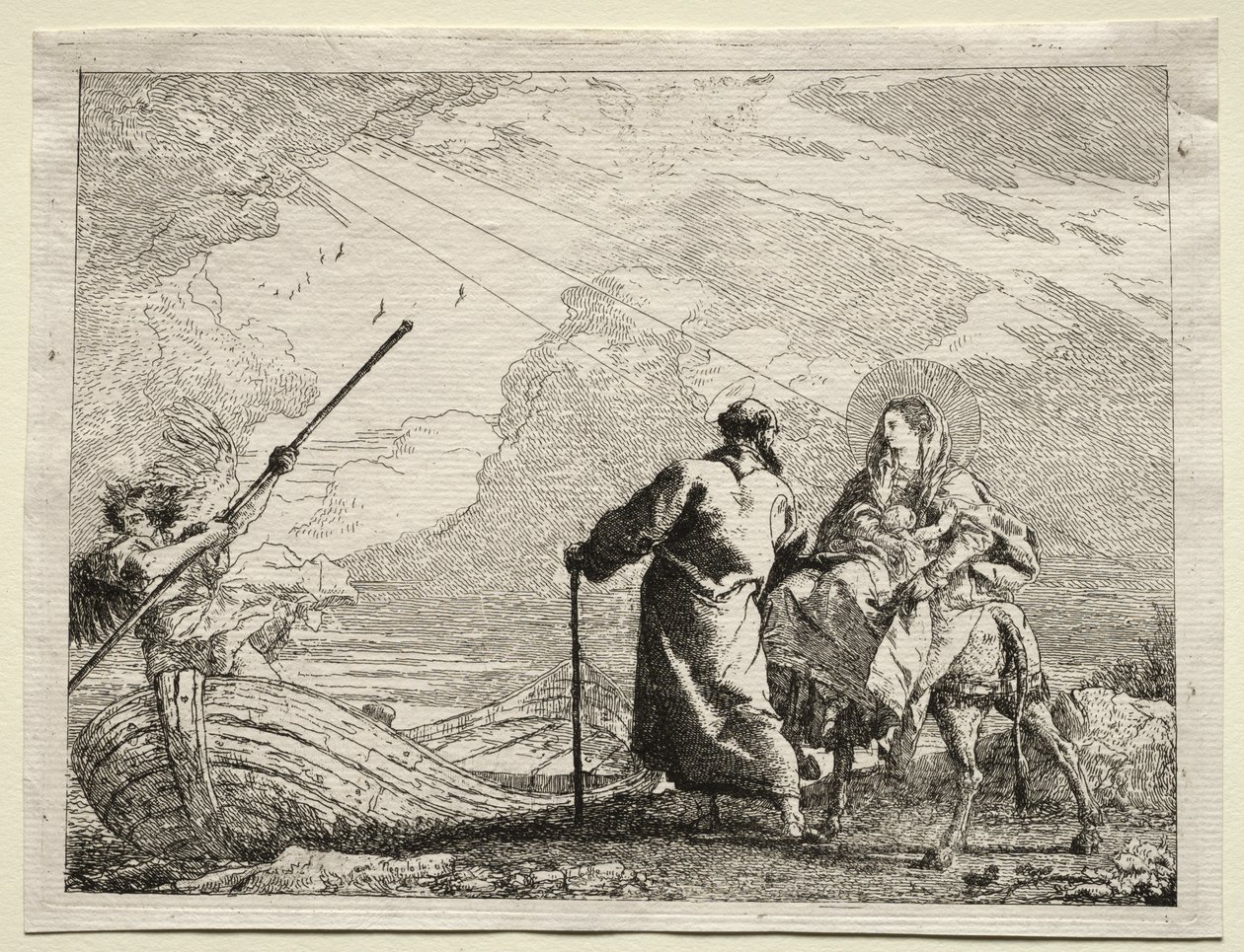 Fuga para o Egito: A Sagrada Família Chegando à Margem do Rio de Giovanni Domenico Tiepolo
