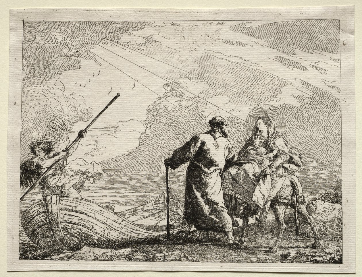 Fuga para o Egito: a Sagrada Família Chegando às Margens do Rio. de Giovanni Domenico Tiepolo