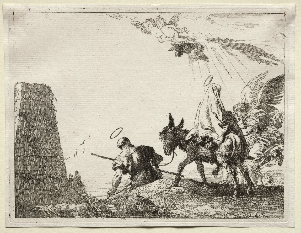 Voo para o Egito: a Sagrada Família passando perto de uma pirâmide. de Giovanni Domenico Tiepolo