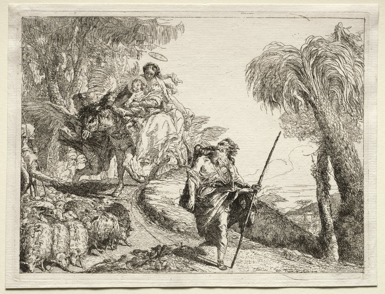 Fuga para o Egito: A Sagrada Família e o rebanho de ovelhas de Giovanni Domenico Tiepolo
