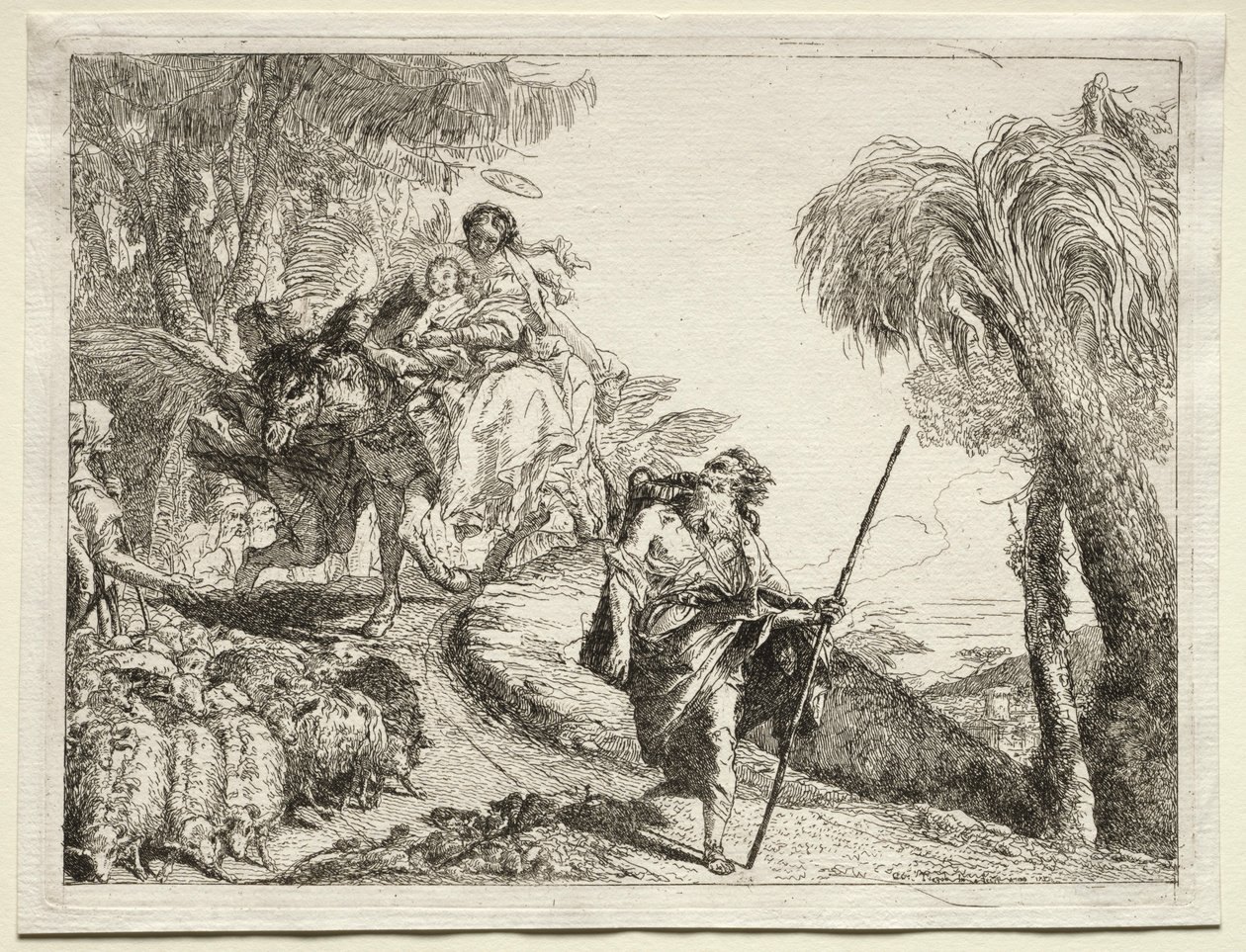 Fuga para o Egito: a Sagrada Família e o rebanho de ovelhas. de Giovanni Domenico Tiepolo