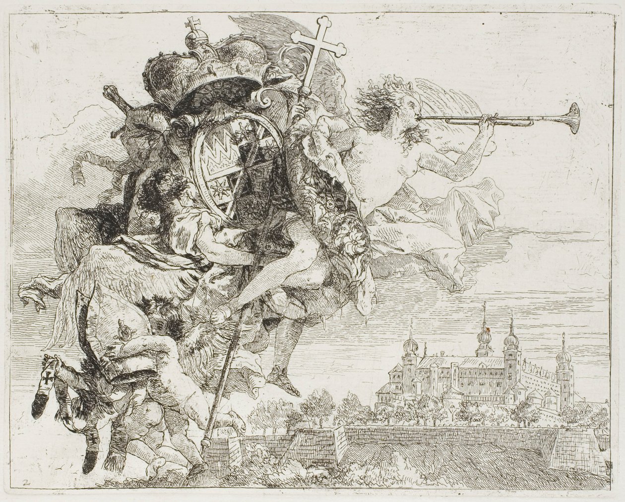 Frontispício: Os braços de Carl Philipp von Greiffenklau carregados no ar por um anjo, de A fuga para o Egito de Giovanni Domenico Tiepolo