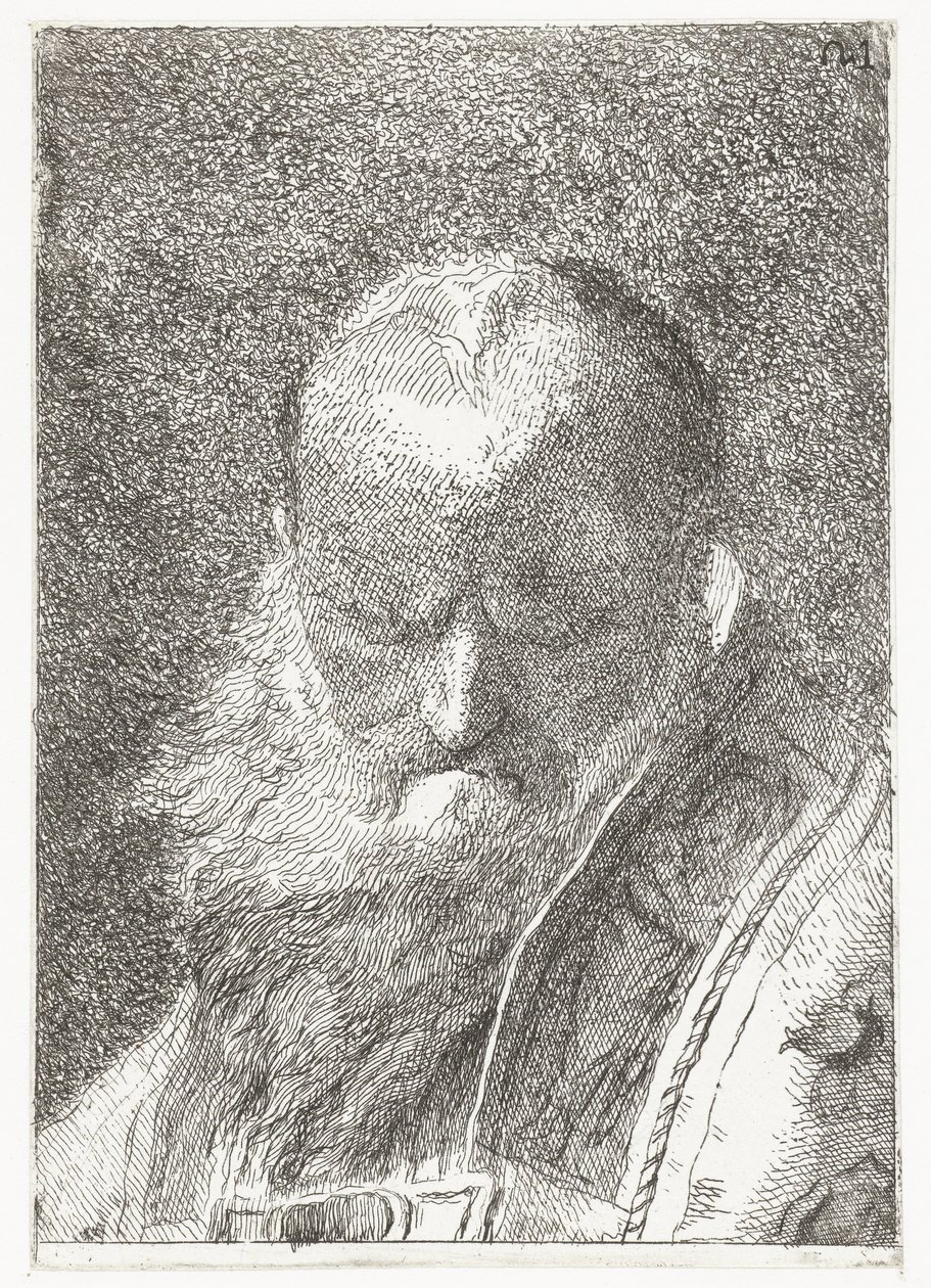 Clérigo com cabeça calva em casula
Colecção de cabeças (título da série)
Raccolta di Teste (título da série) de Giovanni Domenico Tiepolo