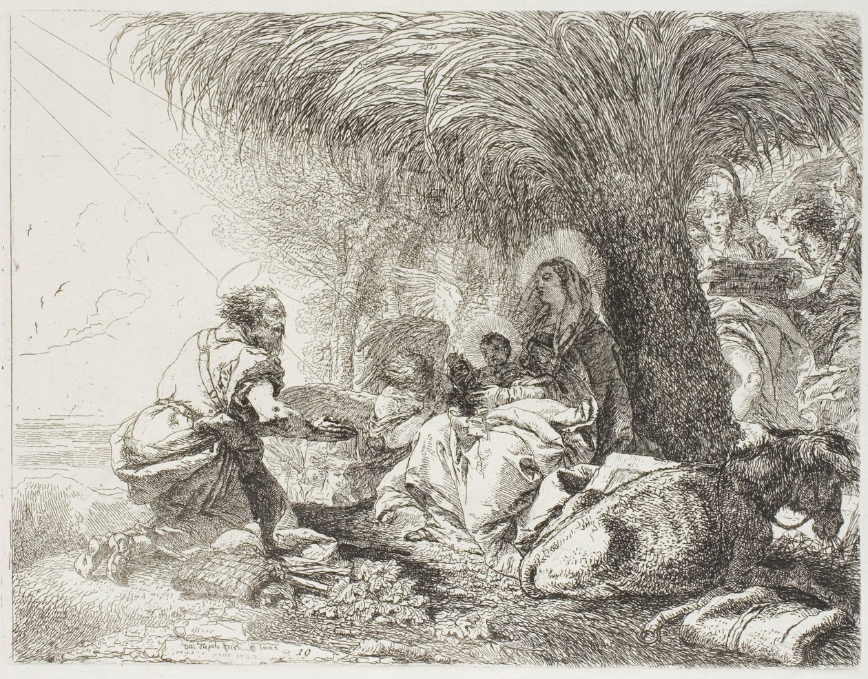 José adorando a criança enquanto dois anjos cantam, placa dezenove de A Fuga para o Egito de Giovanni Domenico Tiepolo
