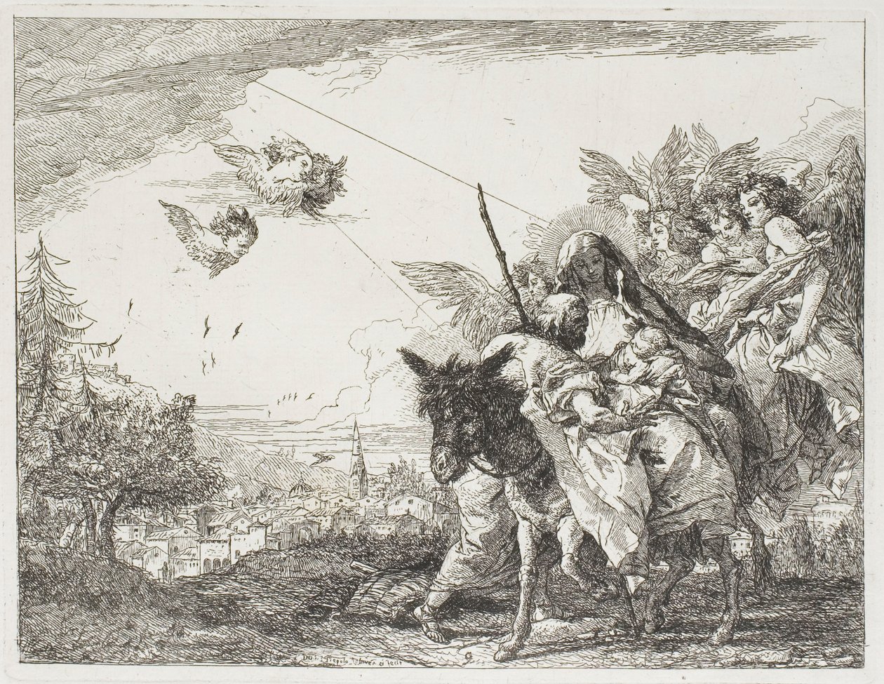 José adorando o Menino, que é segurado nos braços de Maria, placa nove de A fuga para o Egito de Giovanni Domenico Tiepolo