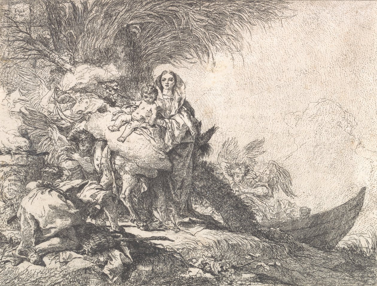 Joseph Adorando o Menino Jesus perto de um Altar Fumegante, da Fuga para o Egito, 1752. de Giovanni Domenico Tiepolo