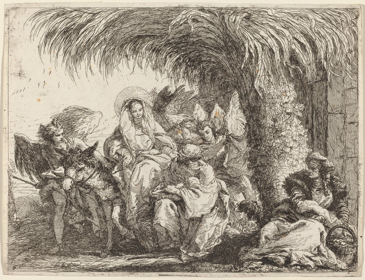 José ajoelha-se com a criança diante de Maria no burro de Giovanni Domenico Tiepolo