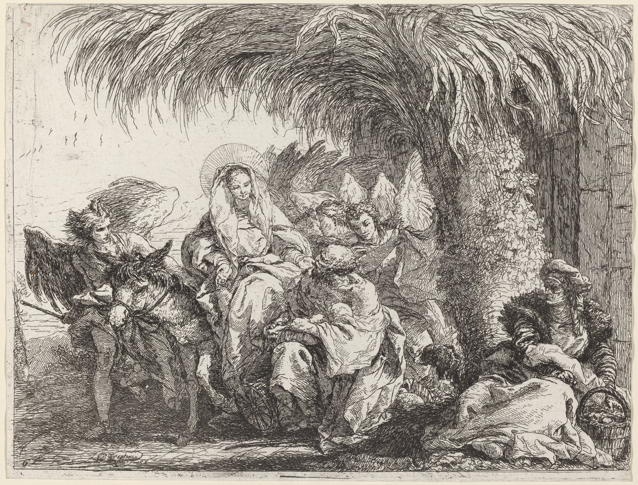 José ajoelha-se com a criança diante de Maria no burro de Giovanni Domenico Tiepolo