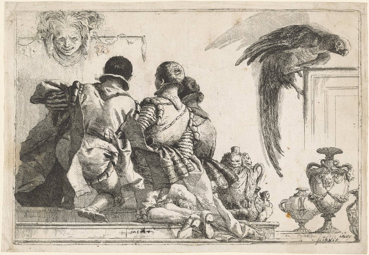 Páginas ajoelhadas, uma máscara e um papagaio de Giovanni Domenico Tiepolo