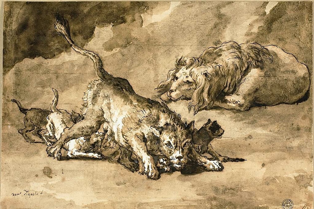 Leão, leoa e filhotes de Giovanni Domenico Tiepolo