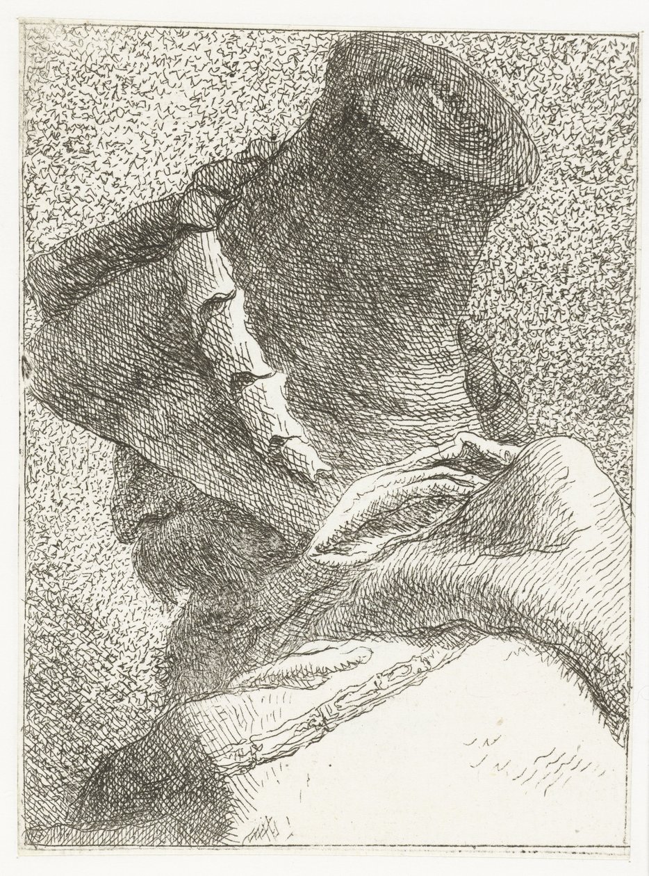 Homem com a cabeça virada com chapéu Coleção de cabeças (título da série) Raccolta di Teste (título da série) de Giovanni Domenico Tiepolo